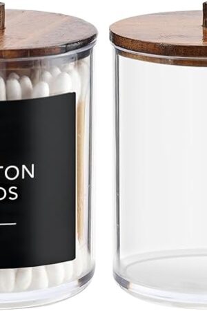 2 Pack Qtip Holder Dispenser with Wood Lids - 10 oz Clear Plastic Apothecary Jar Containers for Vanity Makeup Organizer Storage - Bathroom Accessories Set for Cotton Swab,Pads, Ball, Floss