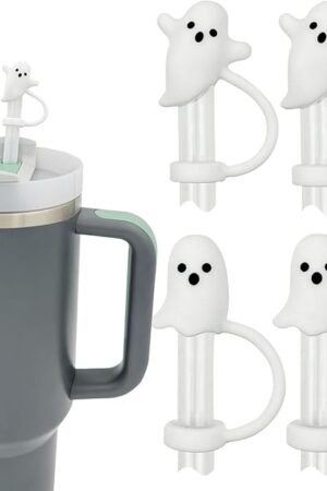 Cute Ghost Straw Covers Cap Compatible with Stanley Cup 30 40 oz, 4PCS Silicone Reusable Drinking Straw Topper, Funny Tumbler Accessories Halloween Decorations Gifts Boo Basket Items Essentials