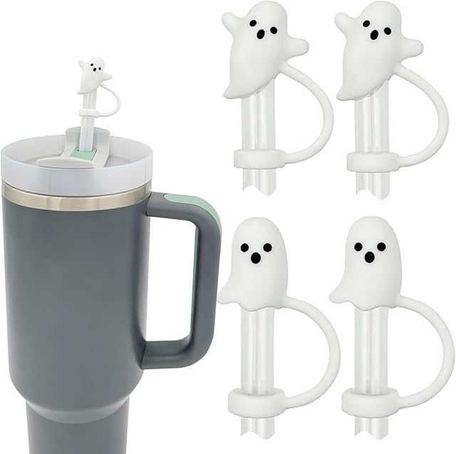 Cute Ghost Straw Covers Cap Compatible with Stanley Cup 30 40 oz, 4PCS Silicone Reusable Drinking Straw Topper, Funny Tumbler Accessories Halloween Decorations Gifts Boo Basket Items Essentials