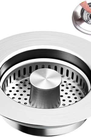3-in-1 Kitchen Sink Drain Strainer & Stopper with Basket, Stainless Steel Drain Plug Cover Catcher for Food Waste - Sink Accessories for Home or Kitchen Sink Shroom Fit US Standard 3-1/2'' Drain Hole