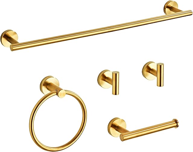 Brusehd Dark Gold Bathroom Hardware Set 5 Piece with Towel Racks for Bathroom, SUS304 Stainless Steel Bath Towel Bar Set, 24 Inch Wall Mounted Accessories Kit…