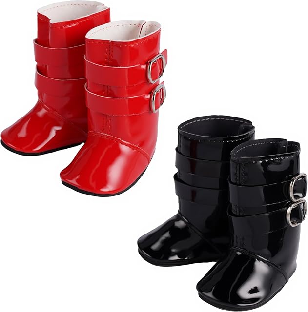 The BABESIDE 2 Pairs of Baby Doll Shoes for 18 Inch Dolls, Black & Red Leather Dolls Boots for 18 inch Doll Accessories, Only Babydoll Shoes