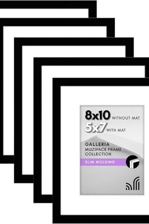 Americanflat 8x10 Picture Frame with Polished Plexiglass - Set of 5 - Use as 5x7 Frame with Mat or Display 8x10 Photo Without Mat - Galleria Collection - Picture Frames for Tabletop and Wall - Black