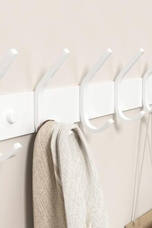 Coat Rack Wall Mount Hooks - 15 Inch Matte White Metal 6-Hook Organizer Wall Mounted, Modern Kids Room, Entryway & Bathroom Hanger for Beach Towels, Coats, Purses, Bags (1 Pack)