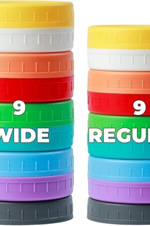 18 Pack 9 Wide Mouth & 9 Regular Mouth Mason Jar Lids with Silicone Rings,Thickened Leak-proof Lids Fit Ball,Kerr and More, 18 Color Plastic Lids, 86mm &70mm Plastic Mason Jar Lids