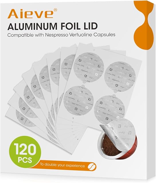 Aieve 120Pcs Aluminum Foil Seals Lid for Reusable Nespresso Pods Vertuo Compatible with Nespresso Refillable Capsule