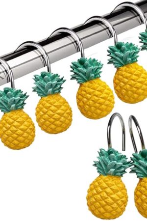 Chictie Yellow Pineapple Shower Curtain Hooks Set of 12,Cute Fruit Design Stainless Steel Shower Hooks Decorative Hanger Rings Rust Resistant for Bathroom Kids Room Fashion Home Decor