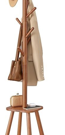 VASAGLE Coat Rack, Free Standing Coat Stand, Hall Coat Tree with 8 Hooks and Storage Shelf, 67.1 Inch Tall, for Coats, Hats, Bags, for Entryway, Hallway, Bedroom, Caramel Brown URCR033K01