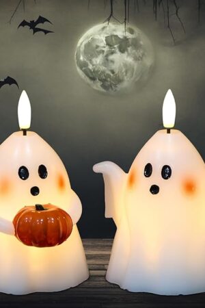 DRomance Halloween Ghost Flameless Candles with Timer Real Wax Battery Operated White LED Flickering Pillar Candles Hand Painted Looking Dinner Spooky Halloween Decor(2 Pack, 3.5" D x 5" H)