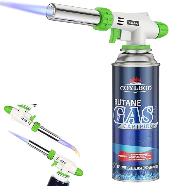 Butane Torch Lighter with Butane Included, Kitchen Torch with 1 Butane Canister, Creme Brulee Torch with Adjustable Flame with Reverse Use for Creme, Brulee, BBQ, Baking, Jewelry