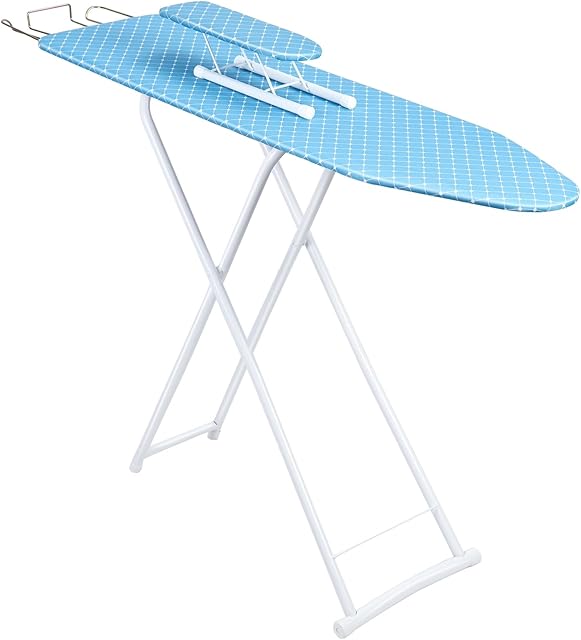 4-Leg Ironing Board, Full-Size Folding Ironing Board, Fold-Up Household Ironing Board, Extended Ironing Board Outside with Removable Heat-Resistant Cover (42 inch, Blue Plaid Pattern) Blue