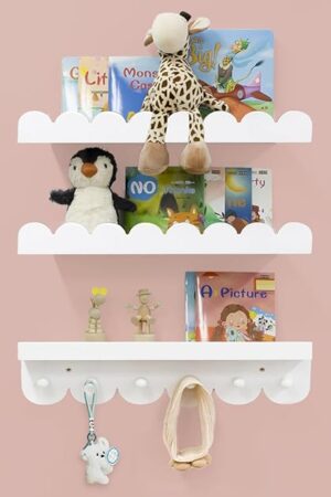 Wall Book Shelves for Bedroom Kids with Hooks - Scalloped Shelves for Nursery Set of 3, Nursery Bookshelf for Wall Room Decor, 16 Inch
