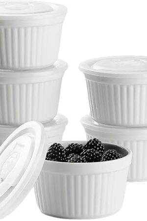 8 Oz Porcelain Ramekins with Lids, Set of 6 Ramekins Oven Safe White Creme Brulee Souffle Dishes with Covers, Ceramic Pudding Custard Cups Ramiken Bowls for Baking, Dishwasher