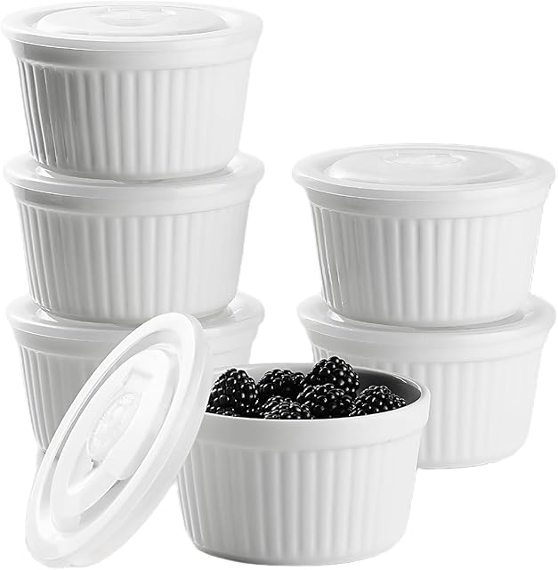 8 Oz Porcelain Ramekins with Lids, Set of 6 Ramekins Oven Safe White Creme Brulee Souffle Dishes with Covers, Ceramic Pudding Custard Cups Ramiken Bowls for Baking, Dishwasher