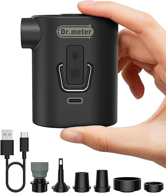 Dr.meter Air Pump for Inflatables, 3600mAh Rechargeable Air Mattress Pump with Camping Light 4.8kPa Fast Inflate Deflate Portable Mini Air Pump for Sleeping Pad, Swimming Ring, Pool Float, Vacuum Bags