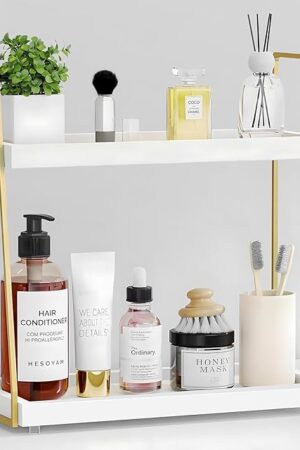 Bathroom Countertop Organizer, Counter Organizer for Bathroom Sink, Wooden Vanity Shelf for Makeup Storage, 2 Tier Stand Bathroom Tray for Countertop, Toilet, Restroom Corner (White and Gold)