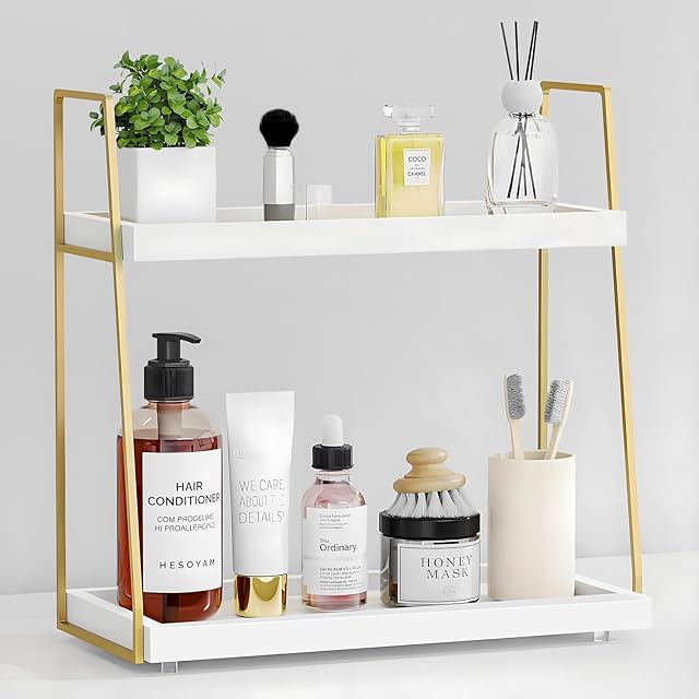 Bathroom Countertop Organizer, Counter Organizer for Bathroom Sink, Wooden Vanity Shelf for Makeup Storage, 2 Tier Stand Bathroom Tray for Countertop, Toilet, Restroom Corner (White and Gold)