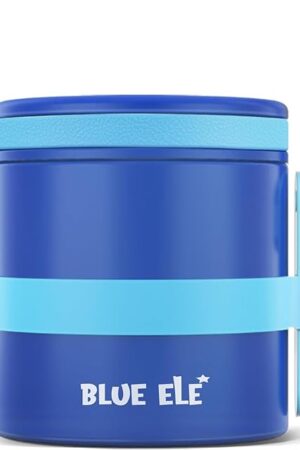 BLUE ELE Vacuum Insulated Thermos Food Jar for Hot Food, 13.5oz, Leak-Proof, Ceramic-Coated Stainless Steel Lunch Container with Folding Spoon, Easy Grip Lid, Deep Blue