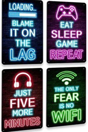 Drsoum Video Gamer Room Decor for Boys Gaming Wall Decor Neon Gaming Room Metal Sign 12 x 8 Inch Set of 4 - Gamer Wall Decor Teenage Boy Room Decor