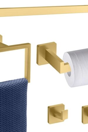5 Piece Gold Towel Bar Set Bathroom Hardware Set Gold Bathroom Accessories Set with 2 Towel Hook, Stainless Steel Wall Mounted Bathroom Towel Rack Set Square 16-Inch