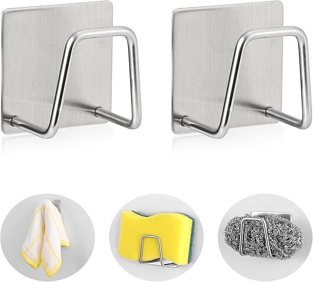 2-Pack Stainless Steel Sponge Holder for Kitchen Sink - Rustproof Brushed SUS304 Sponge Caddy Organizer, Wall/Surface Mount, Drainage Design, Clutter-Free Storage