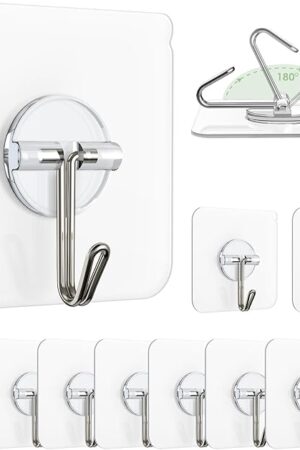 Adhesive Wall Hooks for Hanging, Clear Removable Window Hooks 13 lb Stainless Steel Sticky Hook Waterproof Self Adhesive Hook for Shower Ceiling Kitchen Cabinet Wardrobe 10 Pack