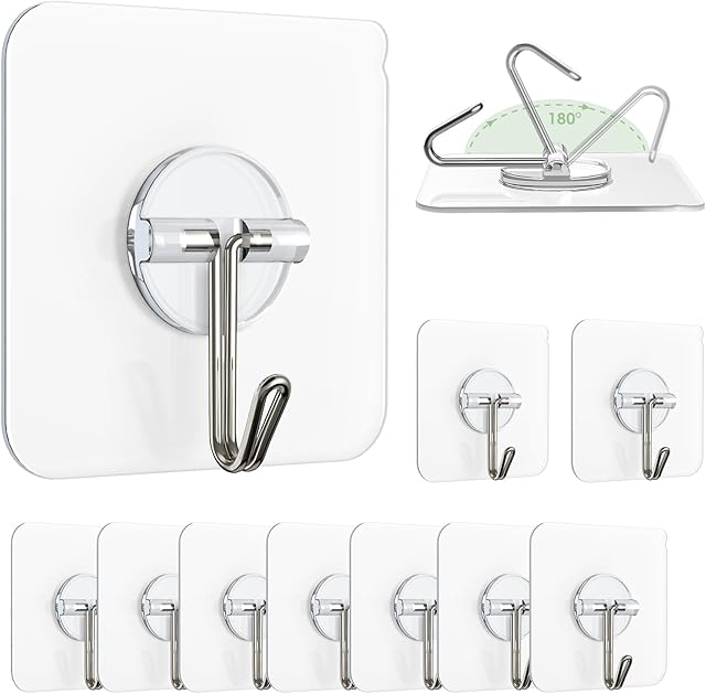 Adhesive Wall Hooks for Hanging, Clear Removable Window Hooks 13 lb Stainless Steel Sticky Hook Waterproof Self Adhesive Hook for Shower Ceiling Kitchen Cabinet Wardrobe 10 Pack