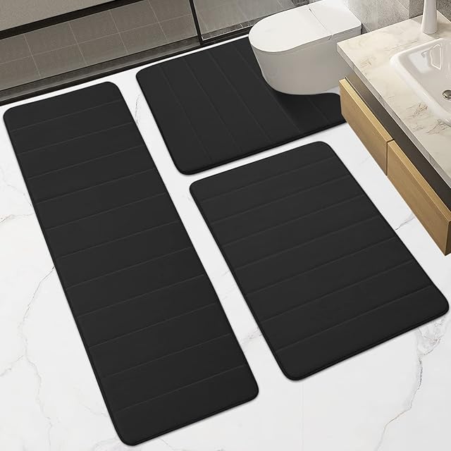 Memory Foam Bathroom Rugs Sets 3 Piece │ Extra Thick Soft Absorbent Non Slip Upgraded │Washable Toilet Bath Mat Shower Carpet for Bedroom, Living Room (Black, U Shape 24? X 24?+24? X 32?+17? X 48?)