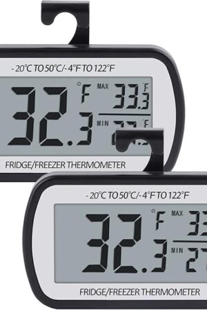 AEVETE Refrigerator Thermometer Digital Fridge Freezer Thermometer with Magnetic Back Large LCD, No Frills Easy to Read (Black-2 Pack)