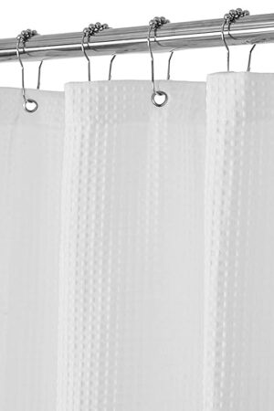 Barossa Design Waffle Weave White Shower Curtain Hotel Luxury Quality, Fabric Shower Curtains for Bathroom, Pique Pattern Cloth, Water Repellent and Machine Washable, Standard Size 71" x 72"