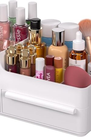 CHANCETSUI Makeup Organizer With Drawers, Makeup Desk Organizer, Bathroom Countertop Organizer for Cosmetics, Vanity Holder for Lipstick, Makeup Brush Holder/Organizer (White)