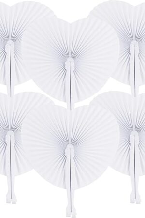 ZWIN 48 Pcs Heart Shaped Paper Fans for Wedding Pocket Folding Paper Fans with Plastic Handle White Blank Fans for Guest Celebration Party Decoration