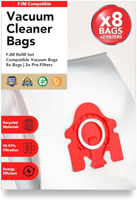 FJM Vacuum Cleaner Bags Replacement for Miele Vacuum, Vacuum Bag Type FJM, 8 Packs AirClean 3D Efficiency Dust Bag., Red