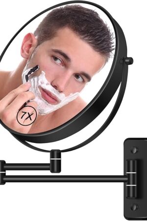 8? Wall Mounted Magnifying Makeup Mirror 1X/7X Wall Mount Mirror Swing Arm Two-Sided 360ยฐ Swivel Bathroom Shaving Mirror for Men and Women in Hotel/Home, Black