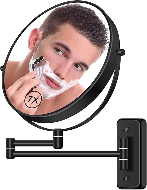 8? Wall Mounted Magnifying Makeup Mirror 1X/7X Wall Mount Mirror Swing Arm Two-Sided 360° Swivel Bathroom Shaving Mirror for Men and Women in Hotel/Home, Black