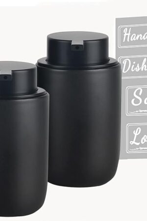 BosilunLife Black Soap Dispenser Set - 2 Pack 12oz Ceramic Dish Soap Dispenser with Rust Proof Pump for Kitchen, Hand Soap and Lotion Set Suitable for Farmhouse Bathroom Decor with Waterproof Labels
