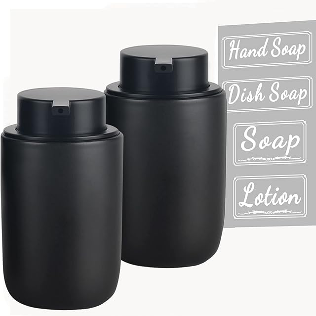 BosilunLife Black Soap Dispenser Set - 2 Pack 12oz Ceramic Dish Soap Dispenser with Rust Proof Pump for Kitchen, Hand Soap and Lotion Set Suitable for Farmhouse Bathroom Decor with Waterproof Labels