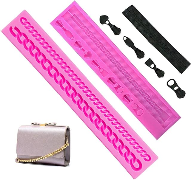 2 PACK Zipper Chain Silicone Mold Realistic Chain Cake Fondant Mold Purse Bag Cake Decorating Mould for DIY Cake Border Decoration, Cupcake Topper, Jewelry, Polymer Clay, Crafting Projects