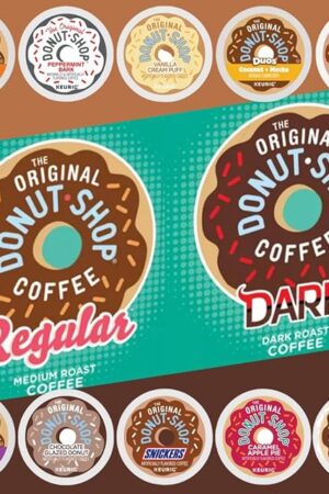 30 Count -- Original Donut Shop Variety Pack Coffee Pods K Cup Sampler -- Donut Shop, Dark, Peppermint Bark, Nutty + Caramel, Vanilla Cream Puff, Twix, Coconut + Mocha, Snickers, Cookie Dough So Delicious & White Chocolate + Vanilla Coffee -- for Keurig Brewers