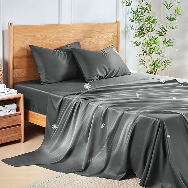 MR&HM Queen Sheet Set, 4-Piece Cooling Sheets, Rayon Derived from Bamboo & Polyester Blend, Soft & Silky, 15" Deep Pockets with Elastic Straps, Hotel Luxury for Hot Sleepers, Dark Grey
