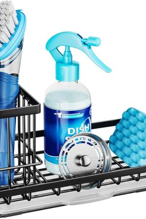 Consumest Sponge Holder for Kitchen Sink - Kitchen Sink Caddy Organizer with Removable Drip Tray for Countertop Dish Soap Dispenser Brush Storage Accessories 304 Stainless Steel - Black