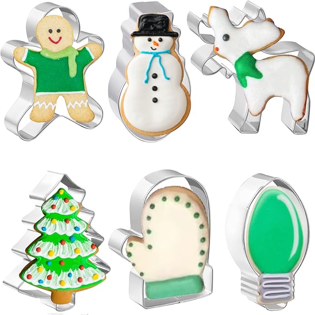 Christmas Cookie Cutters 6 PCS, 4'', Gingerbread Man, Christmas Tree, Snowman, Light Bulb, Mitten