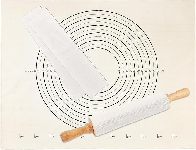 3PCS Pastry Cloth and Rolling Pin Cover Set, 1PCS 25" X 20" Heavy Cotton Canvas Cloth Pastry Mats with Measurement 2PCS 13" X 2.7" Flexible Rolling Pin Covers Sleeves for Rolling Dough Baking Bread