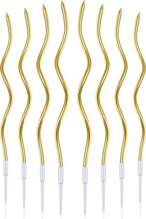 BBTO 12 Pcs Twisted Birthday Candles Spiral Metallic Cupcake Thin Long Cake Candles with Holders for Birthday Wedding Party(Gold)