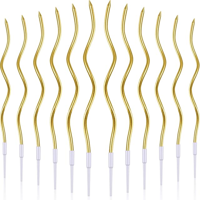 BBTO 12 Pcs Twisted Birthday Candles Spiral Metallic Cupcake Thin Long Cake Candles with Holders for Birthday Wedding Party(Gold)