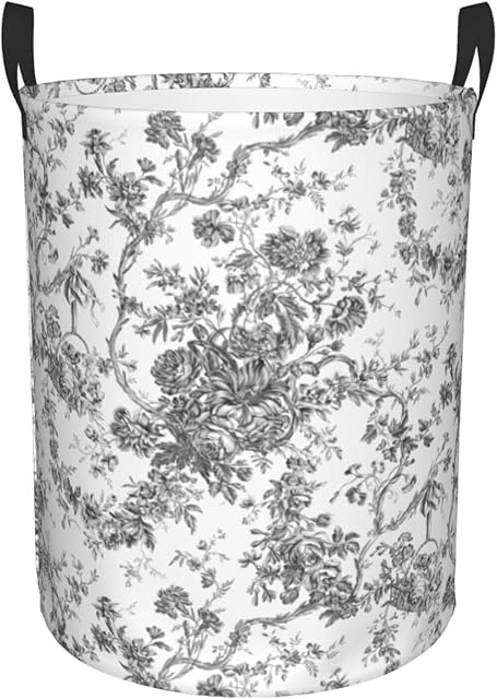 Elegant Vintage French Engraved Floral Toile-Grey Laundry Basket Waterproof Collapsible Round Laundry Hamper Toys Clothes Organizer Gift Basket For Room Medium, Black, 00026