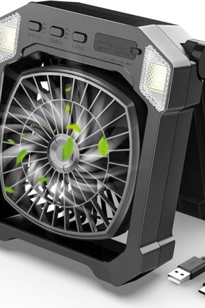 Camping Fan Battery Powered & Solar Powered, Portable Solar Fan 10000mAh Rechargeable Outdoor Fans with Light, Quiet Cordless Fans for Tent, RV, Emergency, Hiking, Power Outage, Desk, Survival Kit