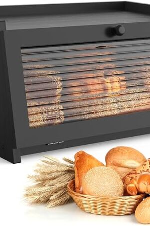 Bread Box for Kitchen Countertop Large Bread Box Farmhouse Bread Container Bread Storage with Window Bread Holder Black