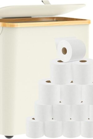 35L Toilet Paper Storage, Bamboo Toilet Paper Basket with Lid & Footbase, Extra Large Toilet Paper Holder Stand, Toilet Paper Organizer for Bathroom Holds up to 12 Mega or 20 Regular Rolls-Beige
