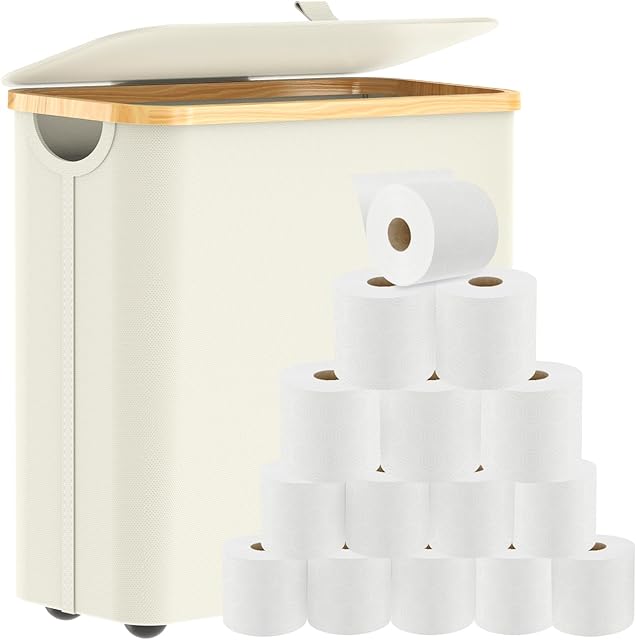 35L Toilet Paper Storage, Bamboo Toilet Paper Basket with Lid & Footbase, Extra Large Toilet Paper Holder Stand, Toilet Paper Organizer for Bathroom Holds up to 12 Mega or 20 Regular Rolls-Beige